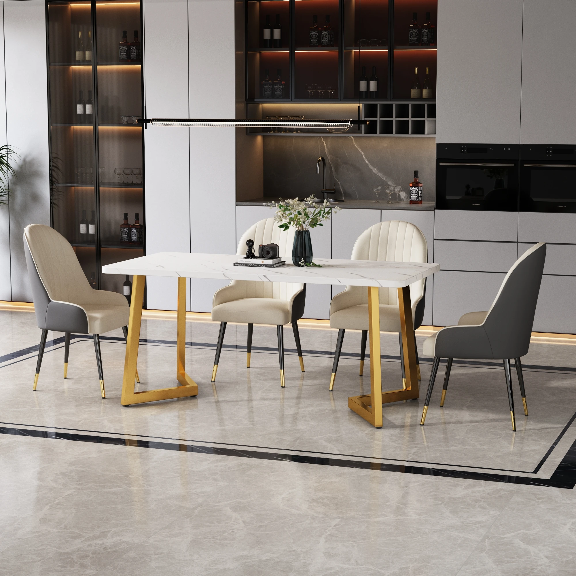 Mesa de comedor, Bandeja de mármol, Estructura metálica, Mesa rectangular moderna para cocina o salón, Blanco + Oro/Negro