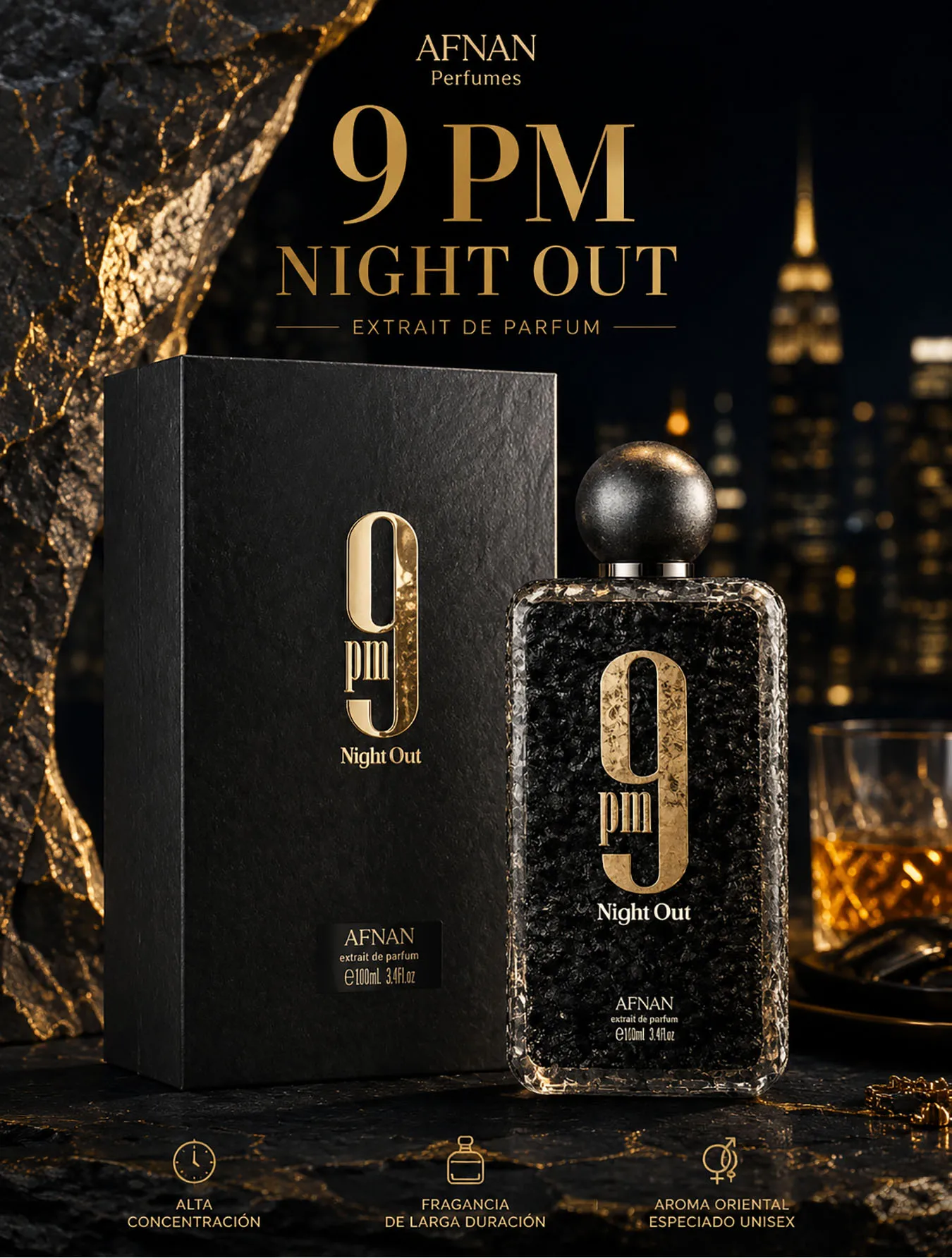 Afnan 9 PM Night Out Extrait De Parfum 100ml Unisex, Fragancia Oriental Especiada para Noche, Aroma Intenso, Duradero y Sofisticado, Perfume de Lujo con Notas de Cognac y Ámbar, Ideal para Regalo
