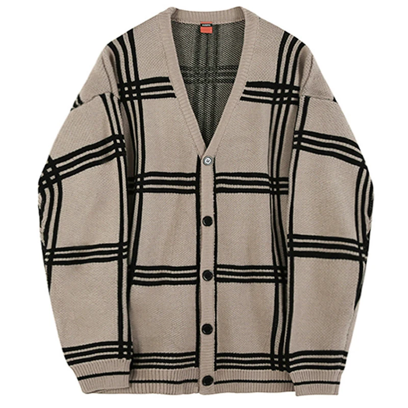 Cardigan à rayures pour hommes, manteau à carreaux, tricots surdimensionnés, pulls de retour de