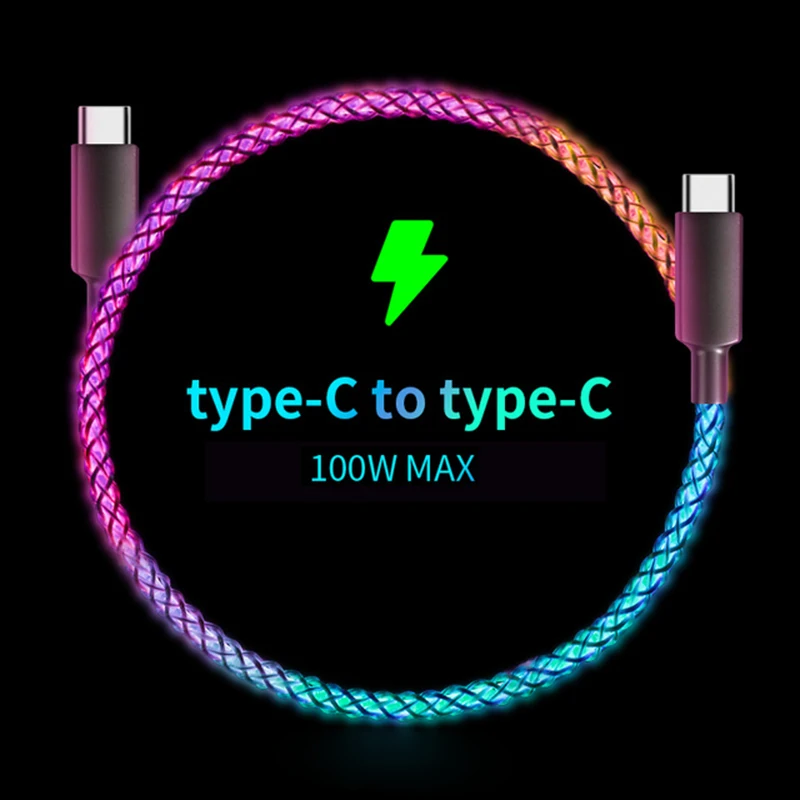 RGB 100W PD USB-C-Type-C 초고속 충전 케이블 66W 30W 흐름 iPhone Android 용 멋진 다채로운 빛나는 데이터 충전기 라인