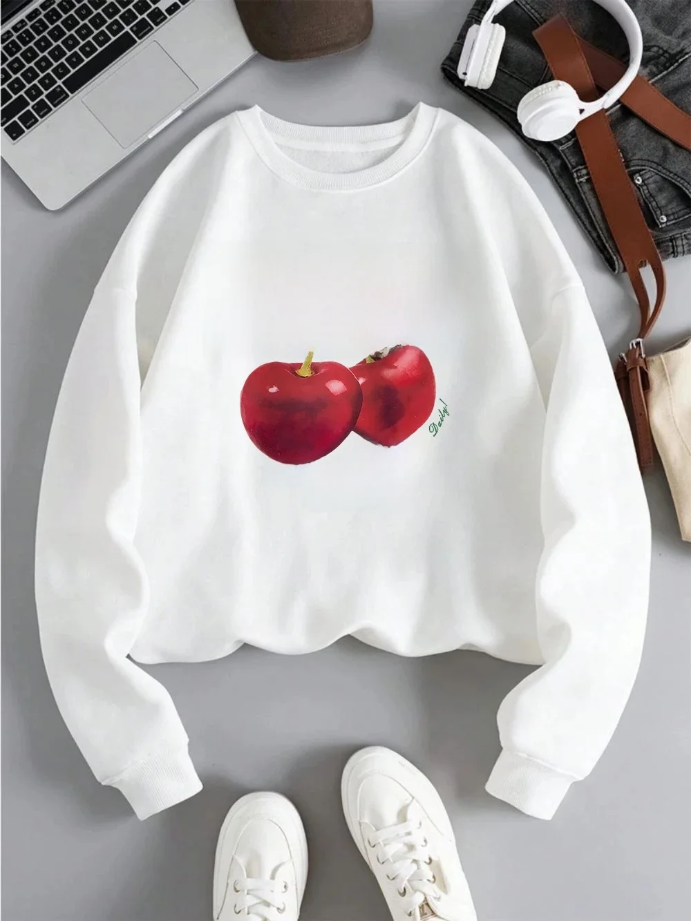 Moda damska bluza świeże czerwone wiśnie sweter z nadrukiem okrągły dekolt polarowa miękka oddychająca bluza z kapturem jesień kobieta Streetwear — zdjęcie 2