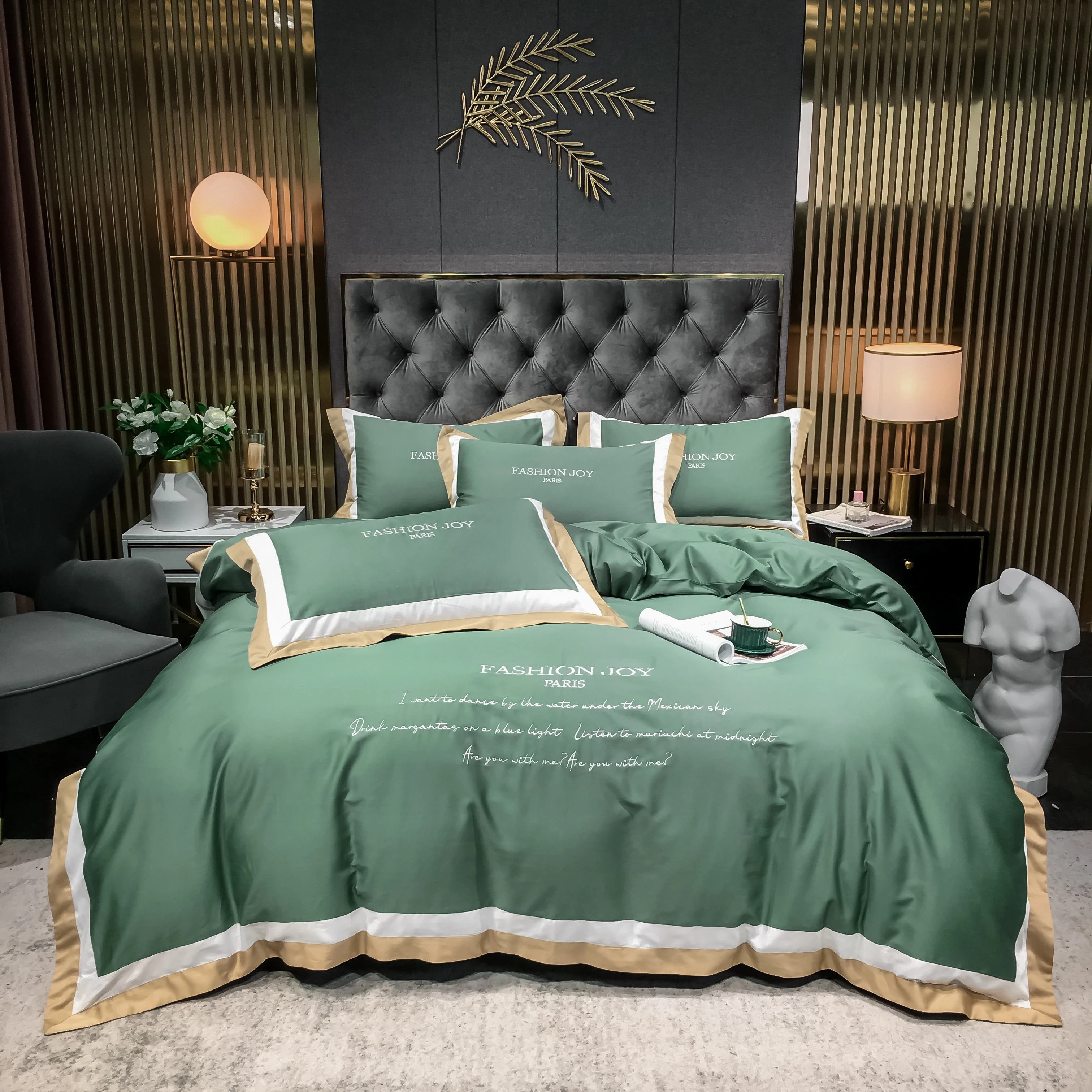 

2022 new four-piece bedding fashion cotton double household bed sheet quilt cover splicing design bedding green color