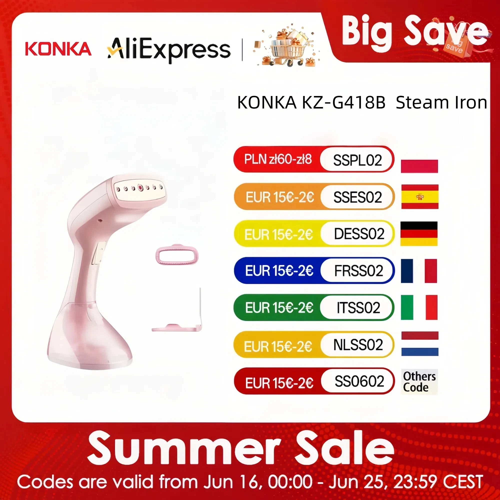 KONKA KZ-G418B  Steam Iron - 1500W Powerful 7-Hole Steam Output Portable  Anti-Dry Burn Protection Stainless Steel Soleplate