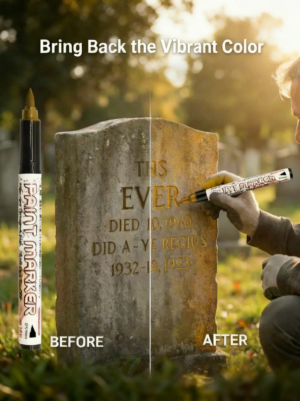 Golden Permanent Paint Pen, Restores Faded Lettering on Granite & Marble, Weatherproof Fine Tip 0.5-5mm for Cemetery Maintenance