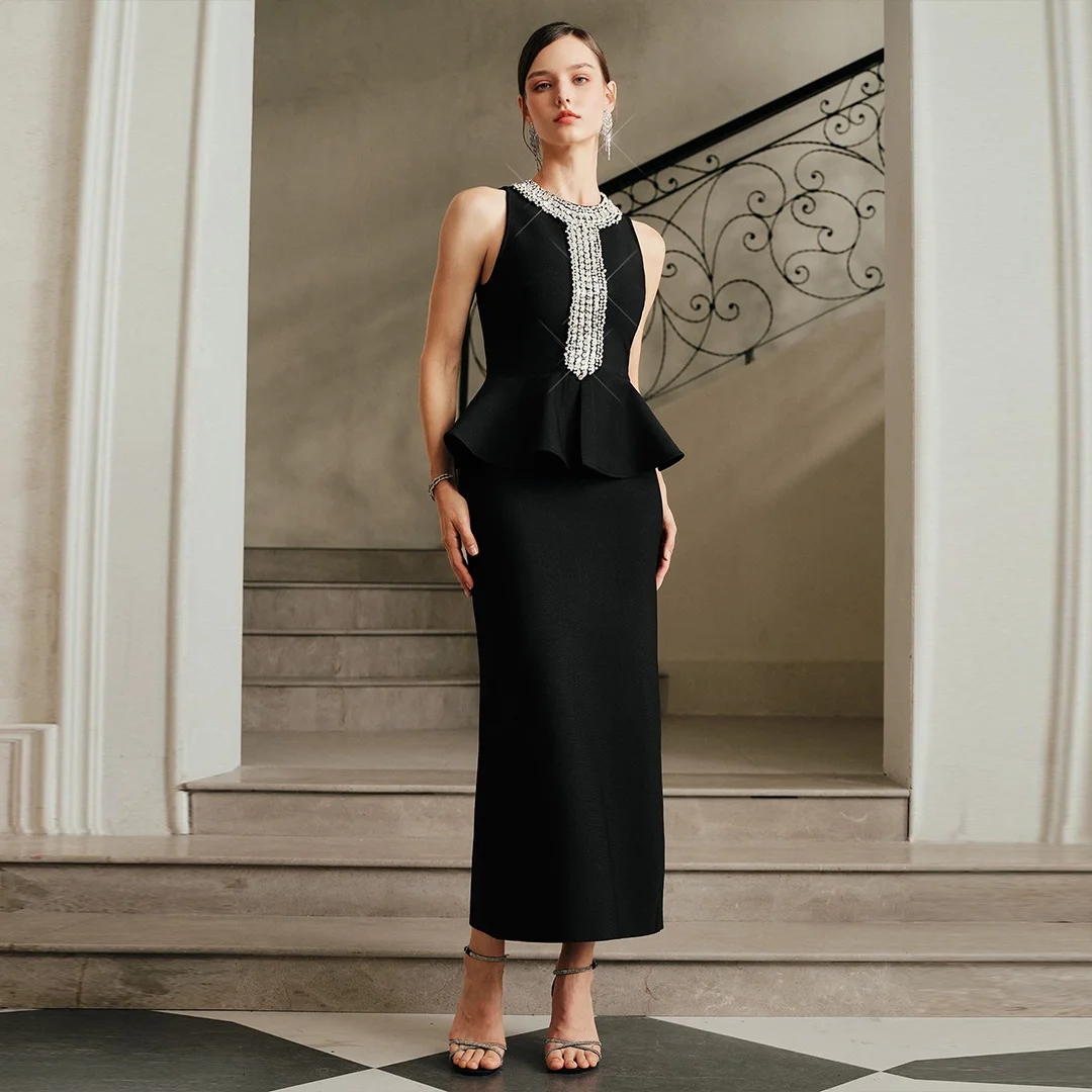 

Ladies Summer New Black Crystal Chain Decoration Pleated Slim Wrap Dress Elegant Evening Gown Fashionable And Stylish