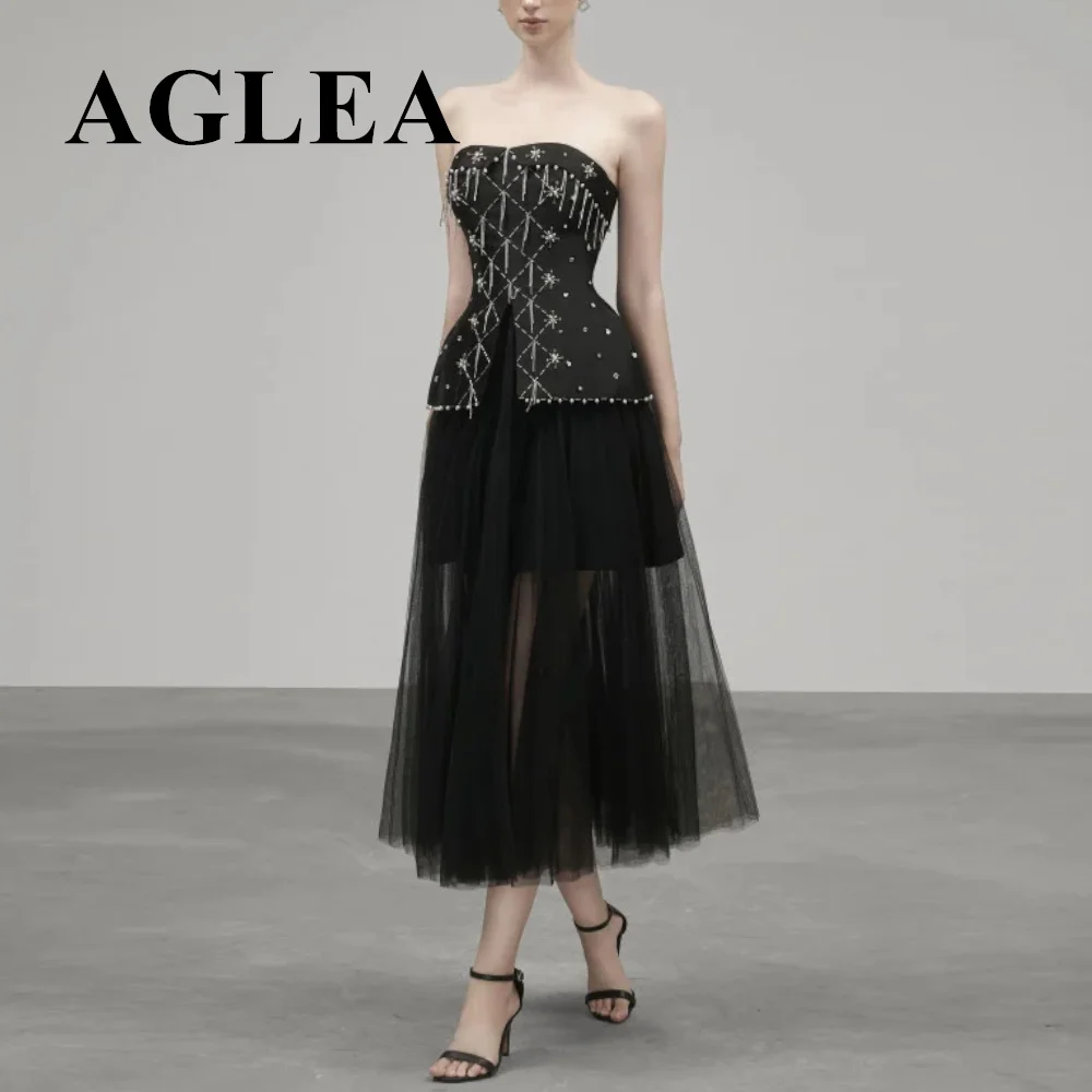 AGLEA 2024 패션 비즈, 끈이 없는 A 라인 포멀 케이스 가운, 비즈 태슬, 발목 길이 스커트, 오간자 이브닝 원피스