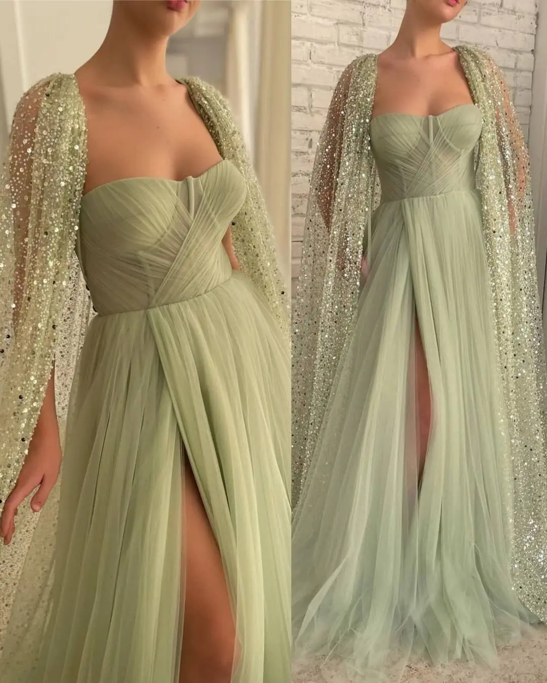 Sage Green A Line Prom Dresses Glitter Sequin Cape Sweetheart High side Slit Maxi Evening Gowns Formal Party Vestido De Graduaci