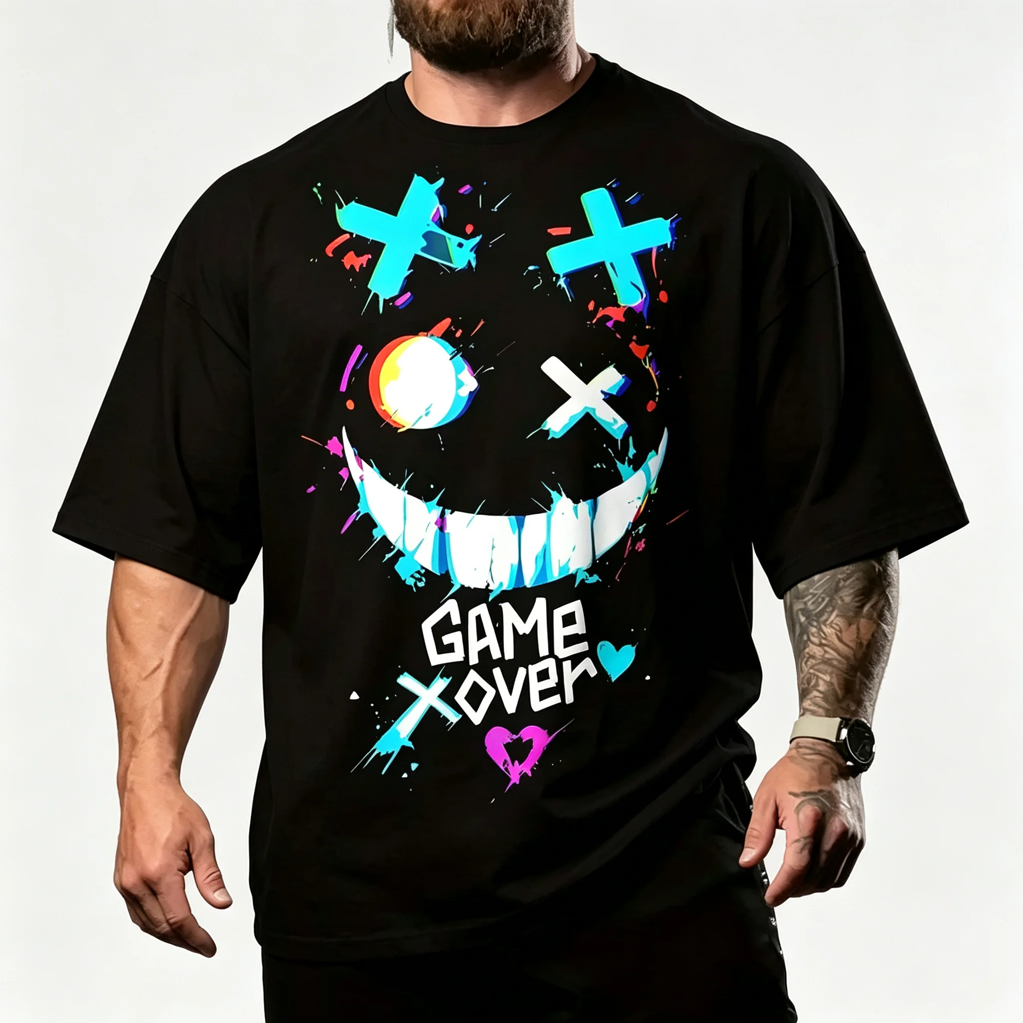 Game Over Smiley Face Graphic T‑Shirt, Colorful Splash Paint X‑Eyes Evil Smile Print Tee, Cool Streetwear Gaming Casual Short Sleeve T‑Shirt for Men Women