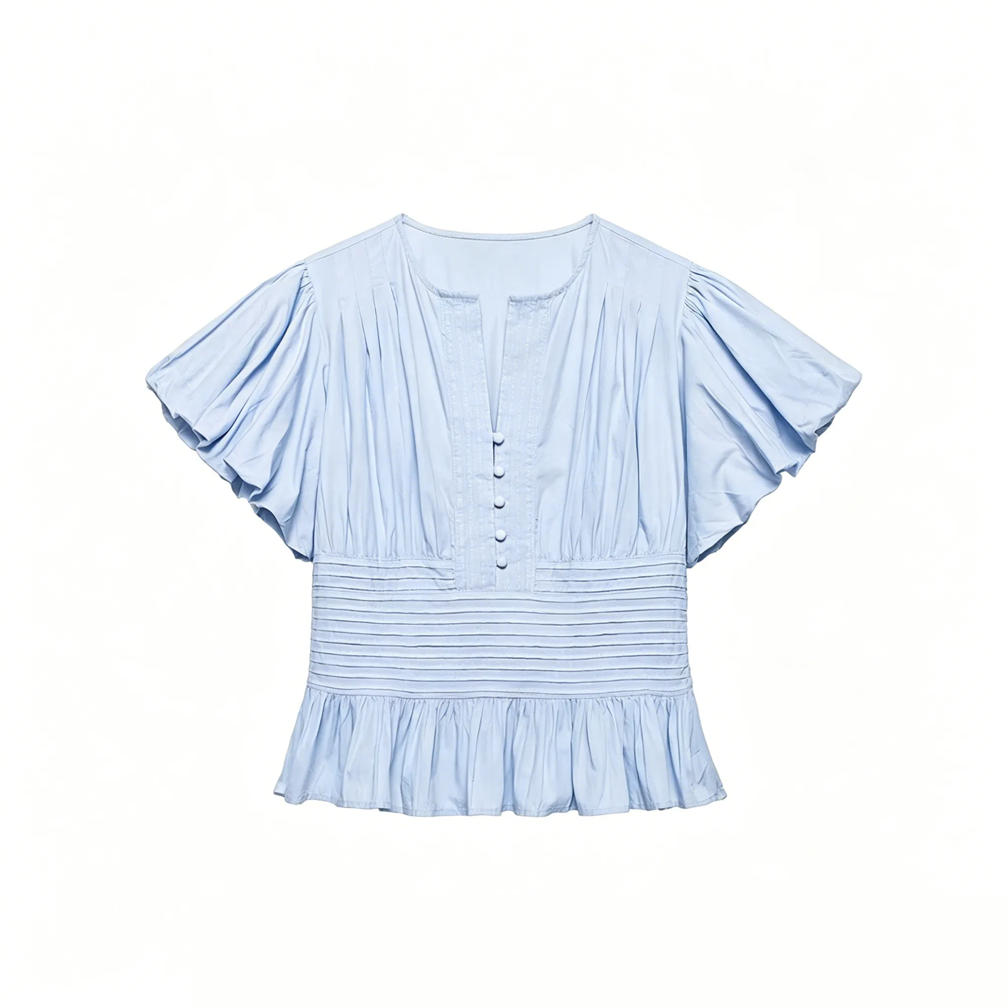 Ladies Chiffon Blouse Shirt Women Split Neck Single Breasted Puff Sleeve Ruffle Hem Top Elegant Casual Chic Summer Outfits Women