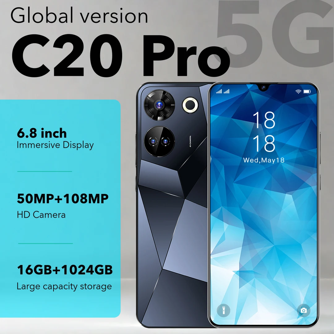 Nuovo C20 Pro Smartphone 6.8 ''HD + Android 13 16GB + 1TB 8000mAh Global Edition 5G Gaming Phone Sblocco facciale Sblocco delle impronte digitali