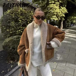 Women Lamb Fur Lapel Loose Jackets Long Sleeve Single-breasted Casual Short Coat Pocket Warm Autumn Winter Lady Spliced Jacket