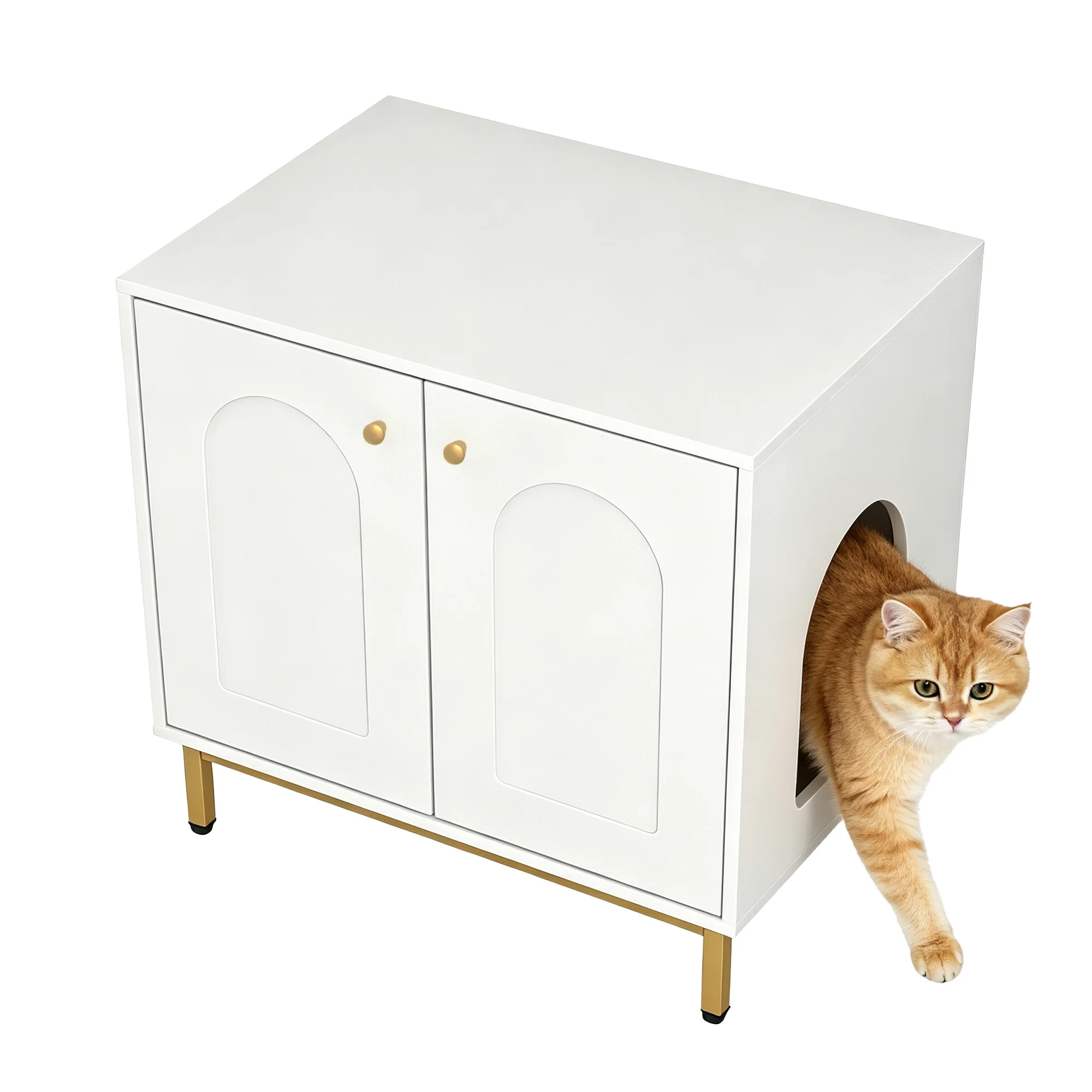 Mobiletto per lettiera, lettiera per gatti bianca e dorata, cuccia per gatti con porta, tavolino laterale in legno per la cuccia, dimensioni 60 x 50 x 61 cm, mobiletto robusto per gatti.