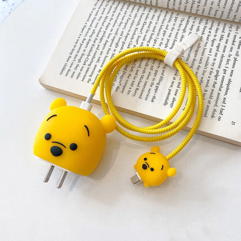 Disney Winnie the Pooh Cartoon Cable Protectors Set - Fast Charging PVC Cable Head Cover & Accessory Sleeve for IPhone 18W/20W,