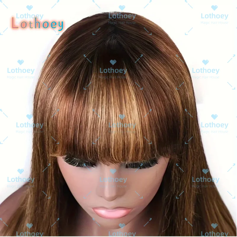 Бесклеевой парик из натуральных волос с объемной волной и челкой # 427 Медовый блонд с эффектом омбре, легко устанавливаемый естественный вид для женщин