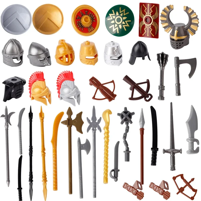 MOC-Pièces d'armes de chevaliers médiévaux, blocs de construction, château, bouclier militaire, lance, sceptre, casque, épée, accessoires, briques, jouets pour enfants