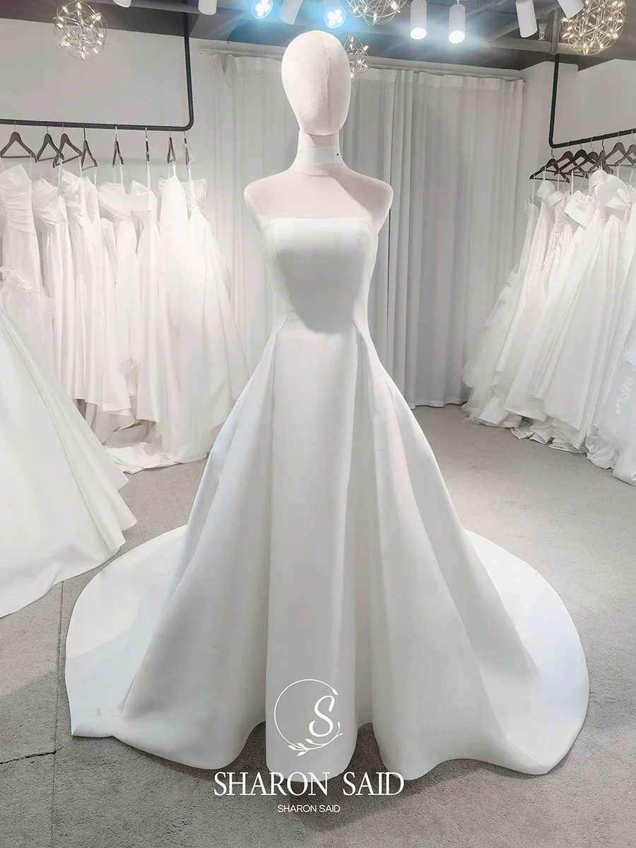 Шарон Саид 2025, простое 100% реальные фотографии, белое атласное свадебное платье без рукавов, корсет трапециевидной формы, платье невесты принцессы AM024, по индивидуальному заказу