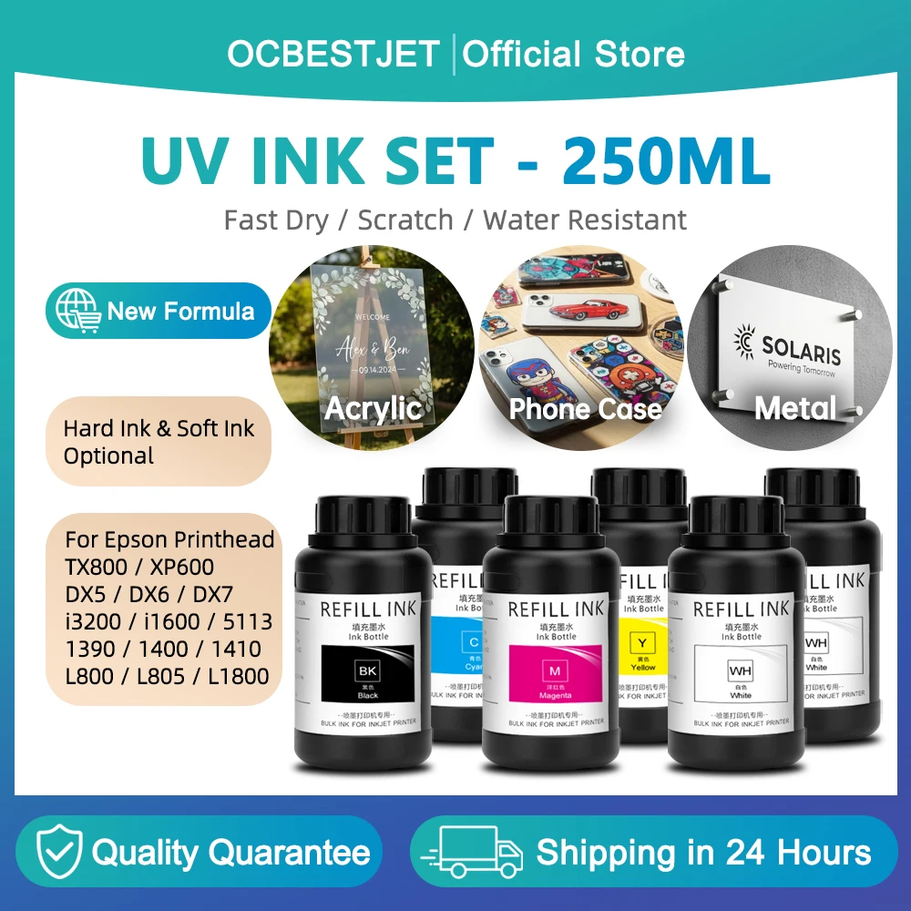 6Colors/Set 250ML UV Ink UV Curing Ink For Epson XP600 TX800 L800 L805 L1800 1390 R1390 1400 DX5 DX7 DX10 i3200 i1600 4720 5113