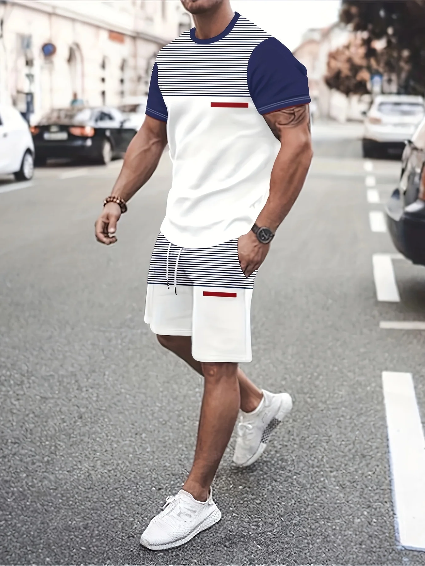 Fashion Stripe Printed Men T-shirt Set Male Casual Handsome Streetwear 2 Piece Set Clothes Fashion Casual Oversized Tracksuit