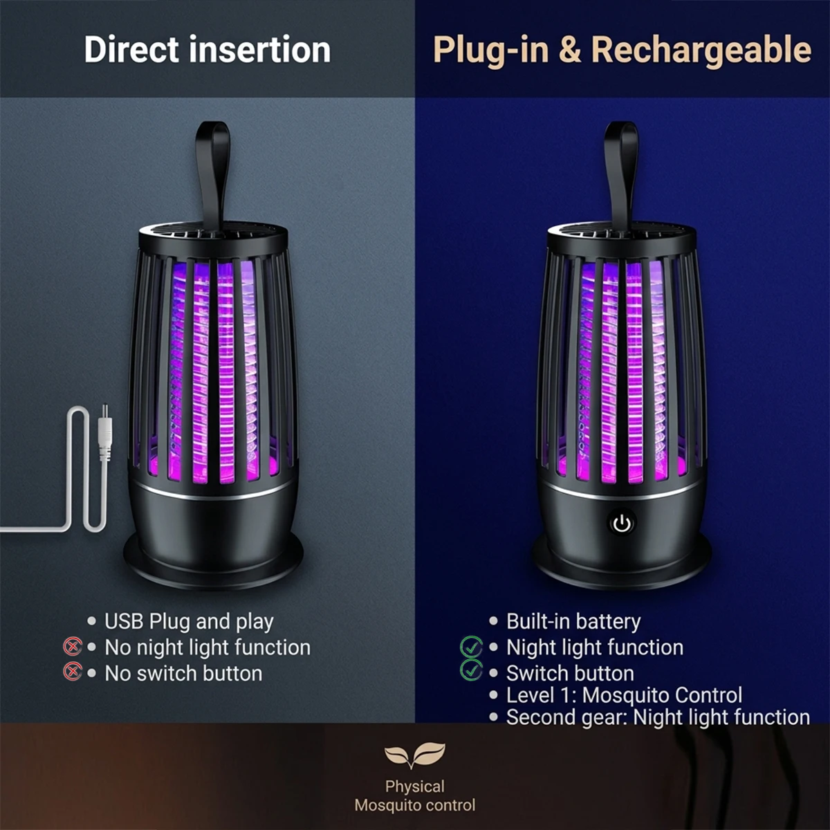 Elektrische Mückenvernichterlampe 2-in-1 UV-Mückenvernichter Leise Nachtlicht Steck-/USB-Aufladbare Outdoor-Mückenvernichterlampe – Detail 7