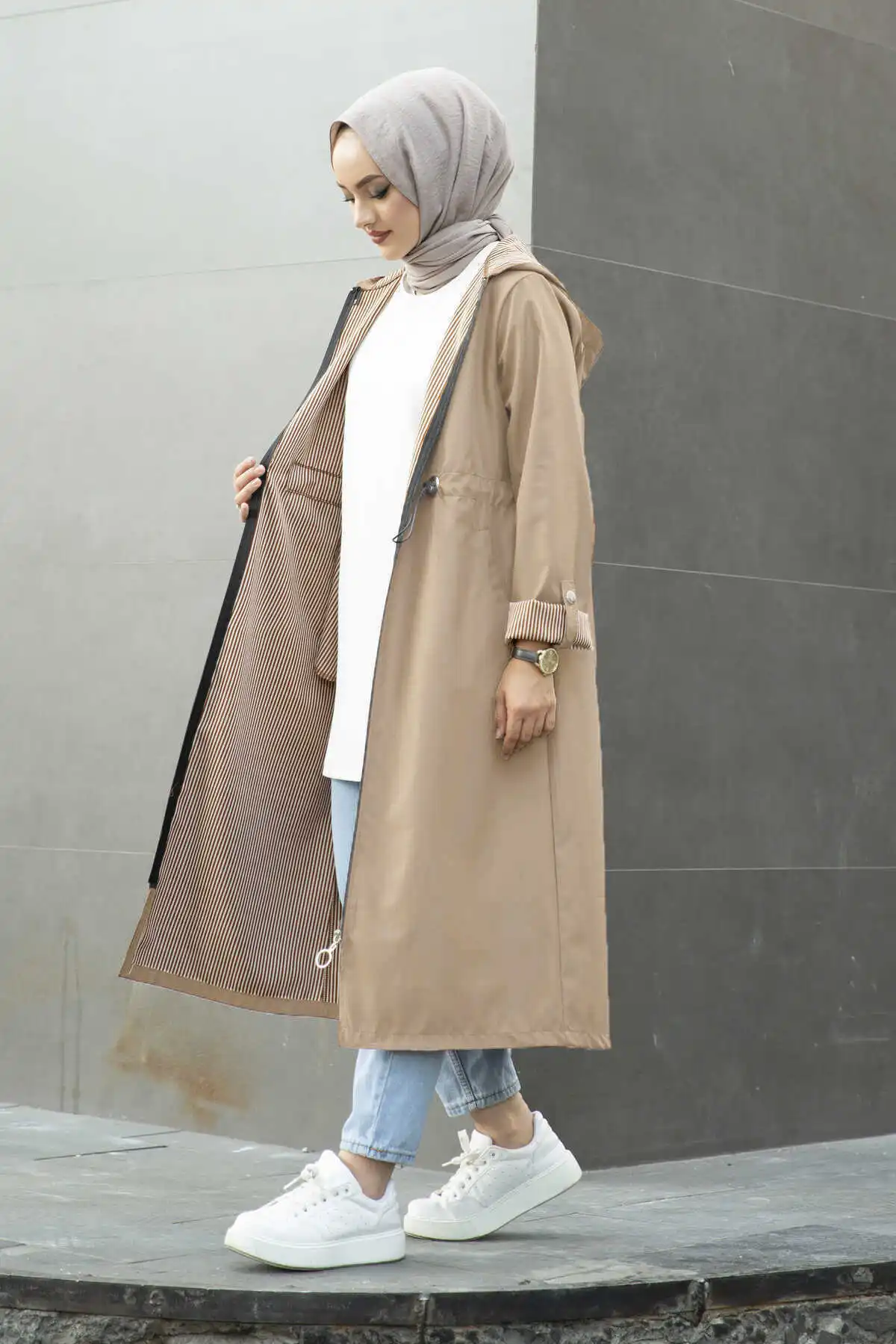 Women Clothing Line Detailed Hooded Hijab Trench Abaya Conjuntos Musulmanes New Overcoat Winter 2022 Fashion Collar Windbreaker