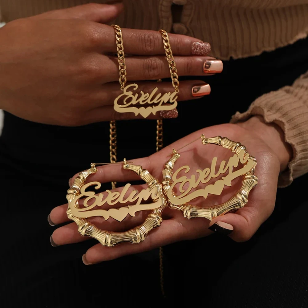 Custom Name Jewelry Set Stainless Steel Necklace Bamboo Hoop Earrings Luxury Anniversary Gift For Women Personalized Trendy Set