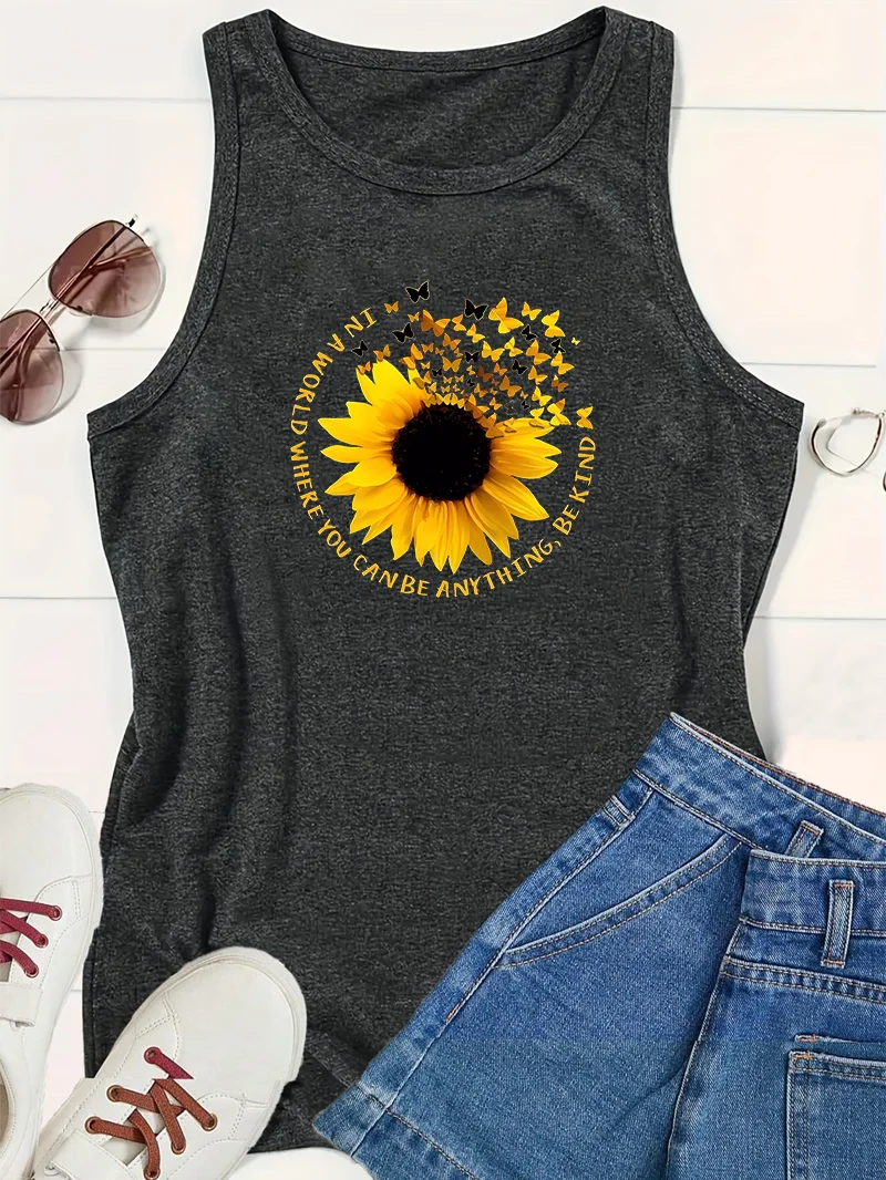 Sunflower Belief Butterfly Free Flight Fashion Women's Tank Top Loose O Neck Sleeveless Casual Tank Top For Clothing