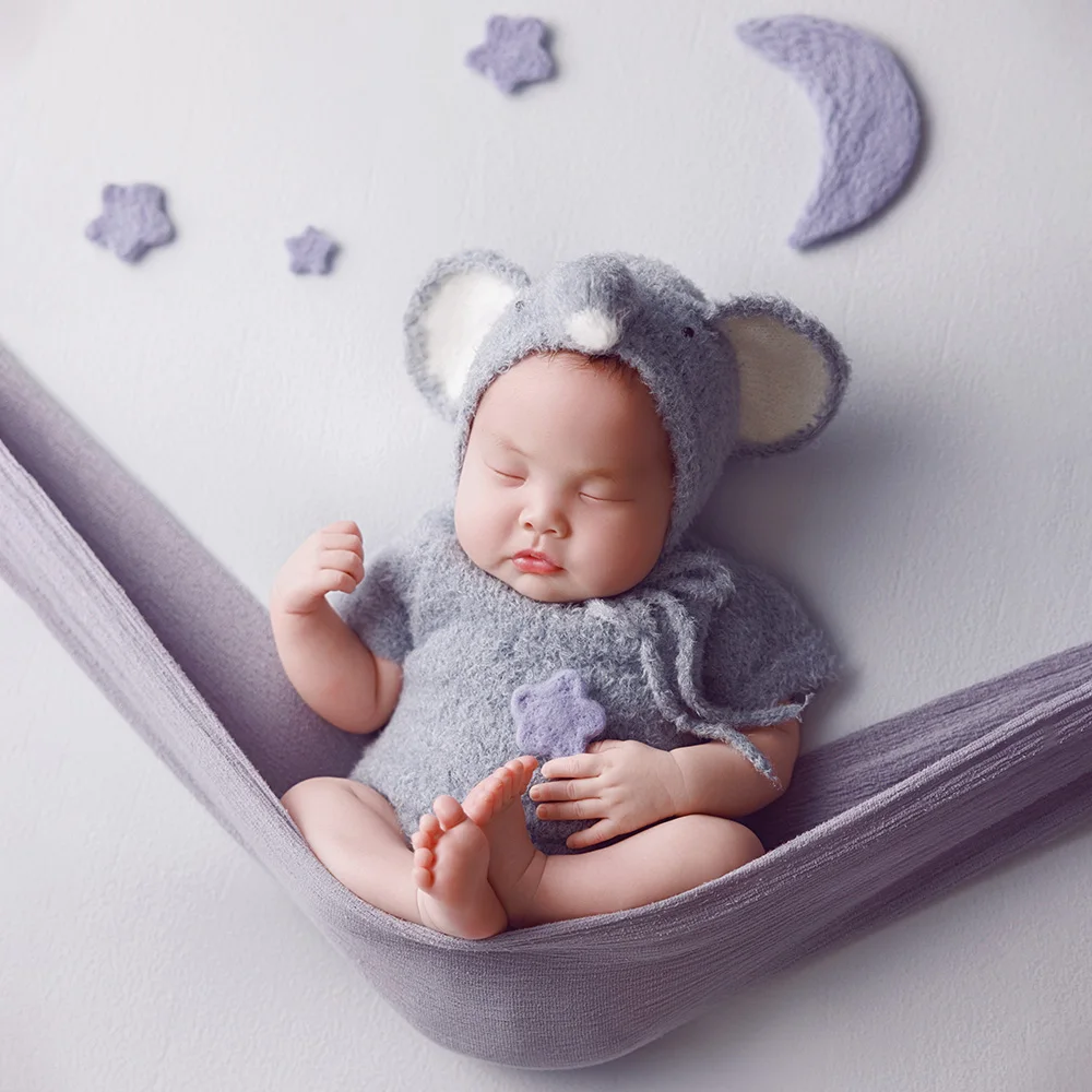 Newborn Photography Outfit Adorable Gray Fluffy Knit Romper with Elephant Ears Hat for Baby Photo Studio Shooting Theme Clothes