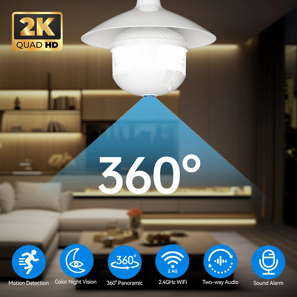 2K WiFi E27 Bulb PTZ Camera 360° Panoramic Motion Alert Color Night Vision Two-Way Audio Timed Lighting Indoor Security Cam