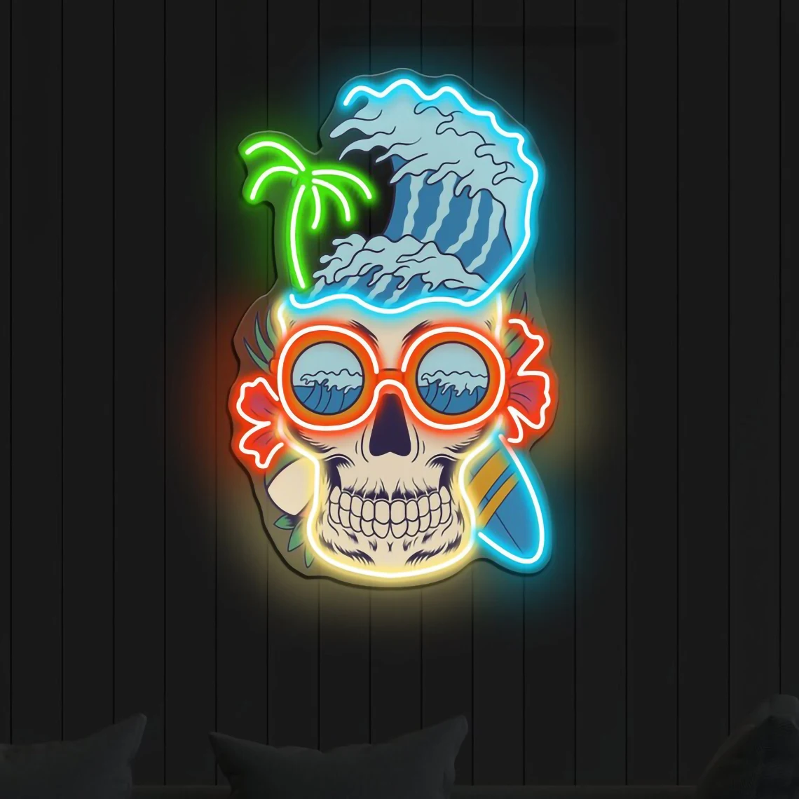 

Skull Beach Neon Sign Skull UV Print Neon Pop Art Beach Wall Decor Home Decor Beach Sign Man Cave Sign