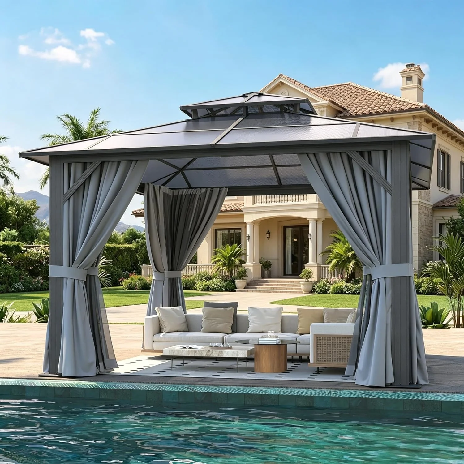 Nordivale 10x10FT Hardtop Gazebo Polycarbonate Double Top Aluminum Frame with Curtains and Netting Outdoor Sunshade Canopy for Patio Garden Backyard Gray