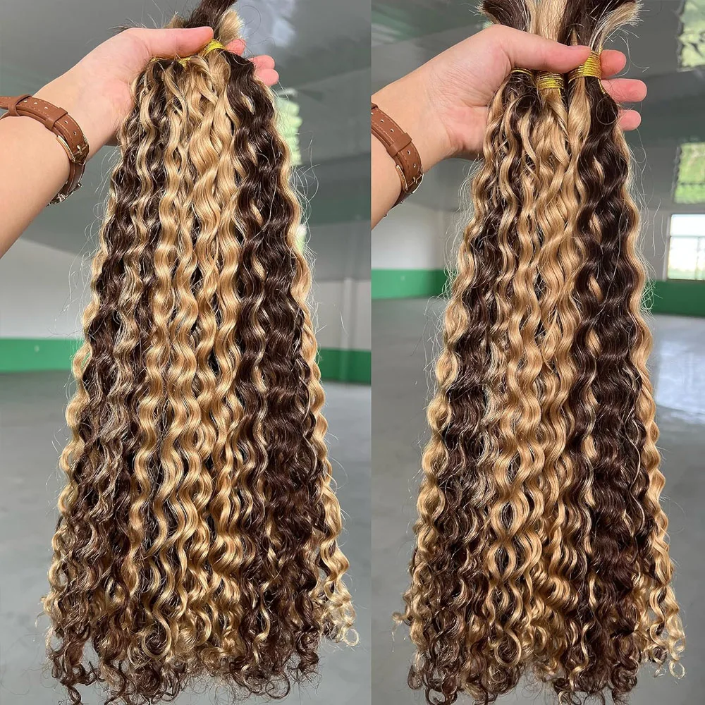 Highlight Blonde Human Braiding Hair For Boho Braids Deep Wave Full Bulk Human Hair Wet Wavy No Weft Hair Extension For Braiding