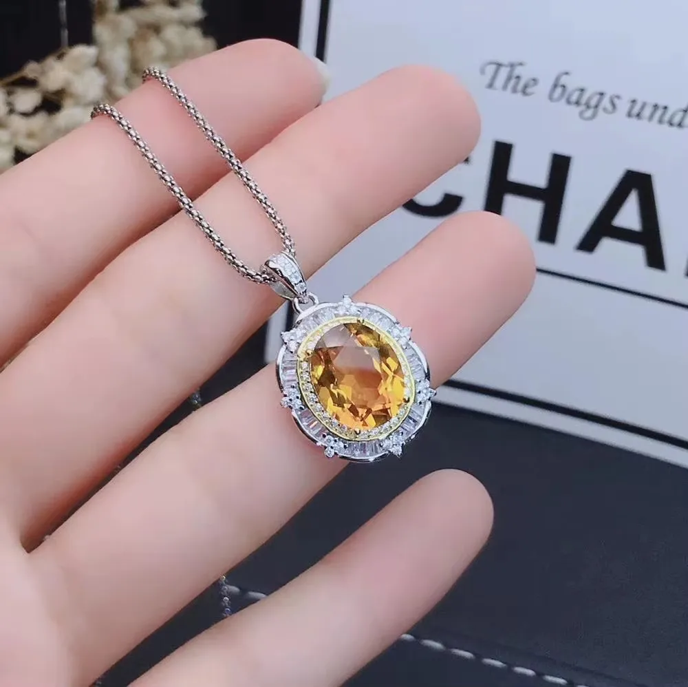 Jewelry 925 Pure Silver Natural Yellow Crystal 9x11mm Gemstone Women's Pendant Ring Set Platinum Party Birthday Christmas Gift