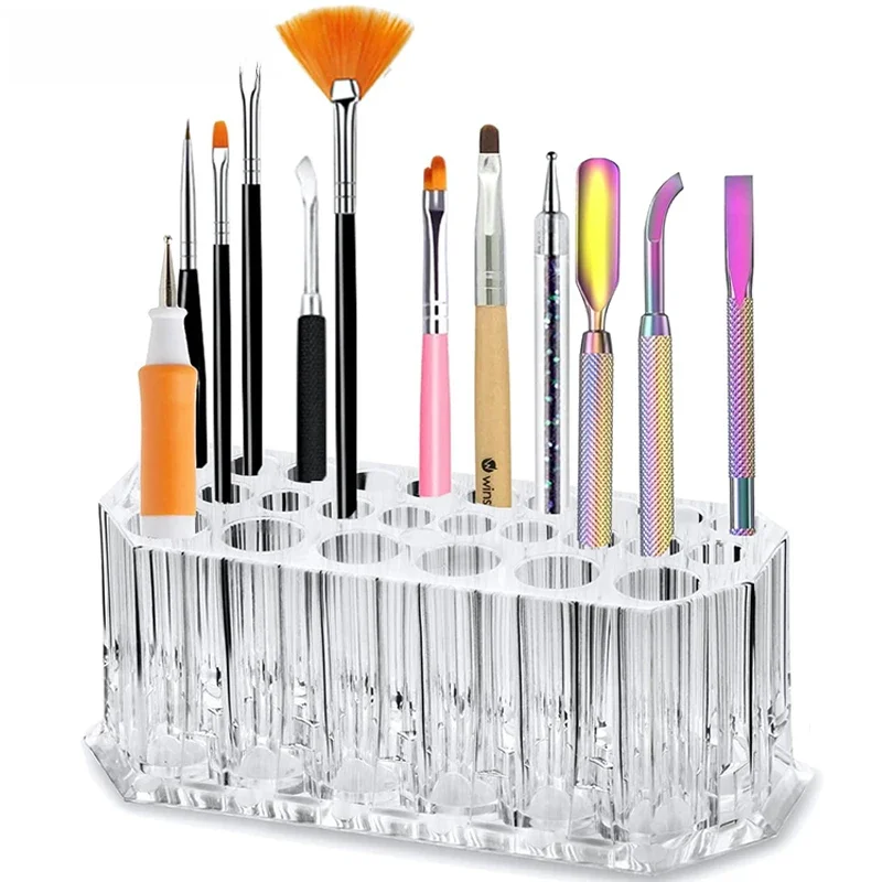 26buracos de acrílico unhas escovas organizador, nail art kit, ferramentas de armazenamento,