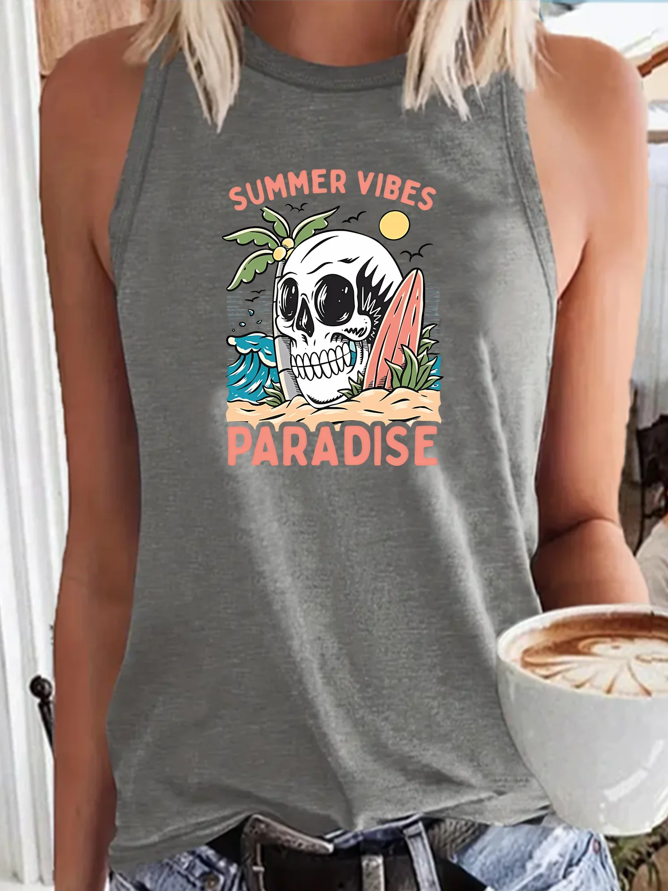 Summer Latest Summer Vibes Paradise Scary  Horror Skull Fashion Sports Women's Tank Top Loose O Neck Sleeveless Casual Tank Top