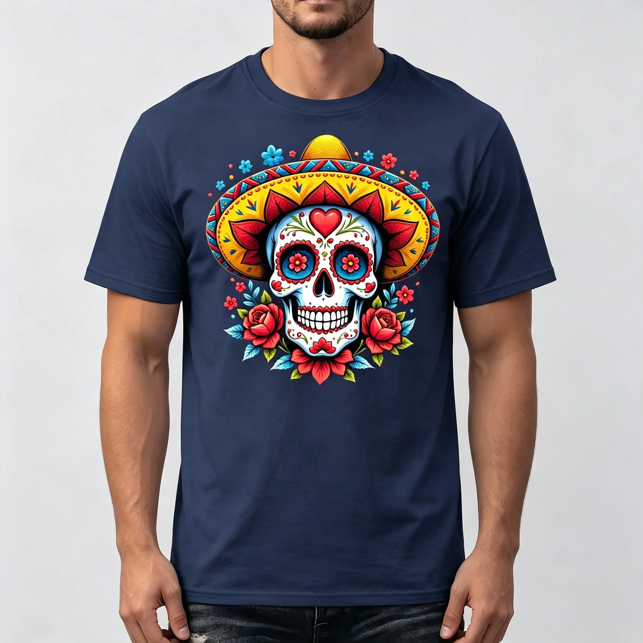 Men Mexican Sugar Skull Sombrero Rose Graphic T Shirt Day Of The Dead Crew Neck Short Sleeve Casual Summer Tee