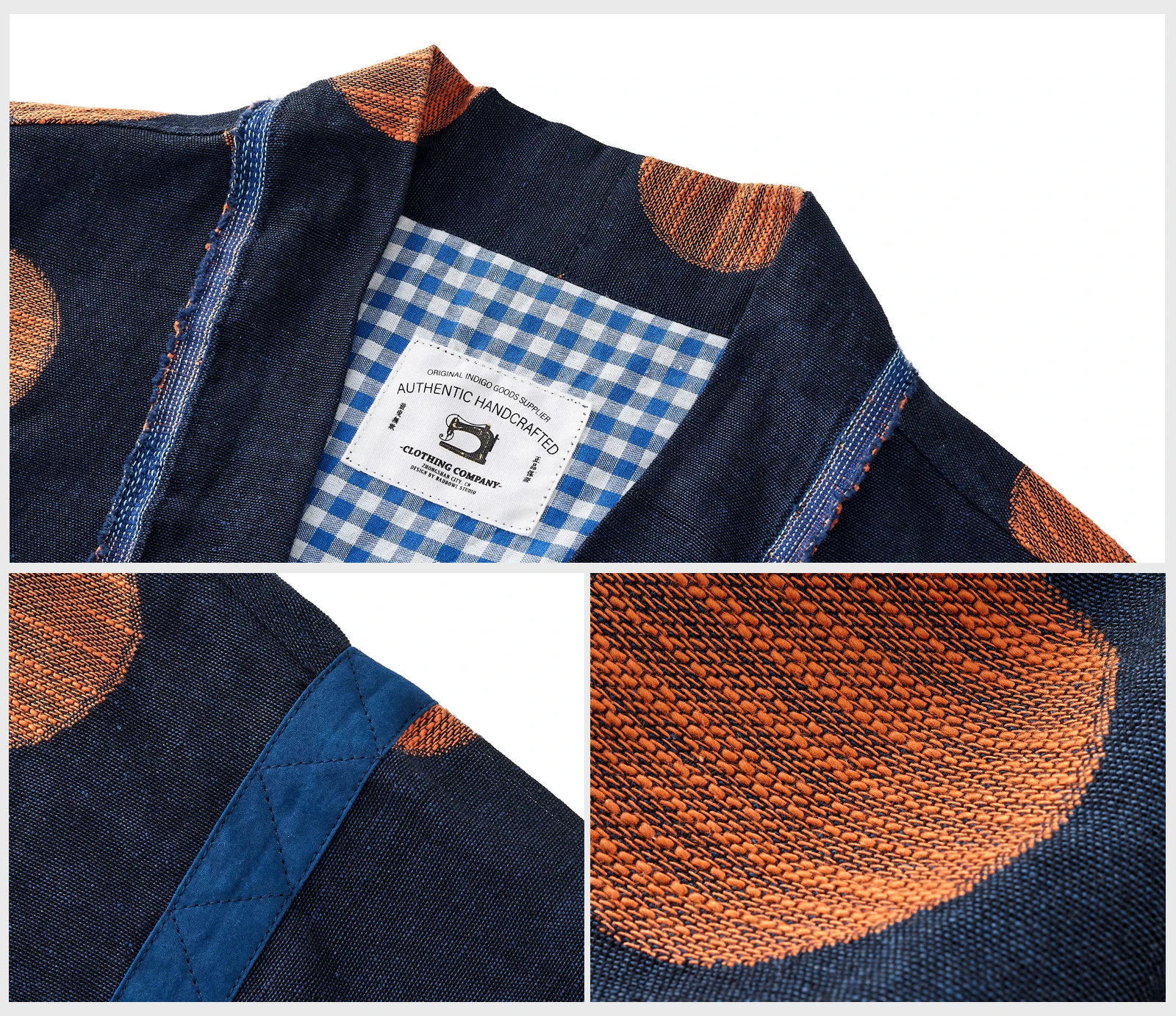 Japanese style Vintage kimono jacket Men's Orange Dots embroidery Indigo dye Unisex Jacket Casual Cardigan Coat