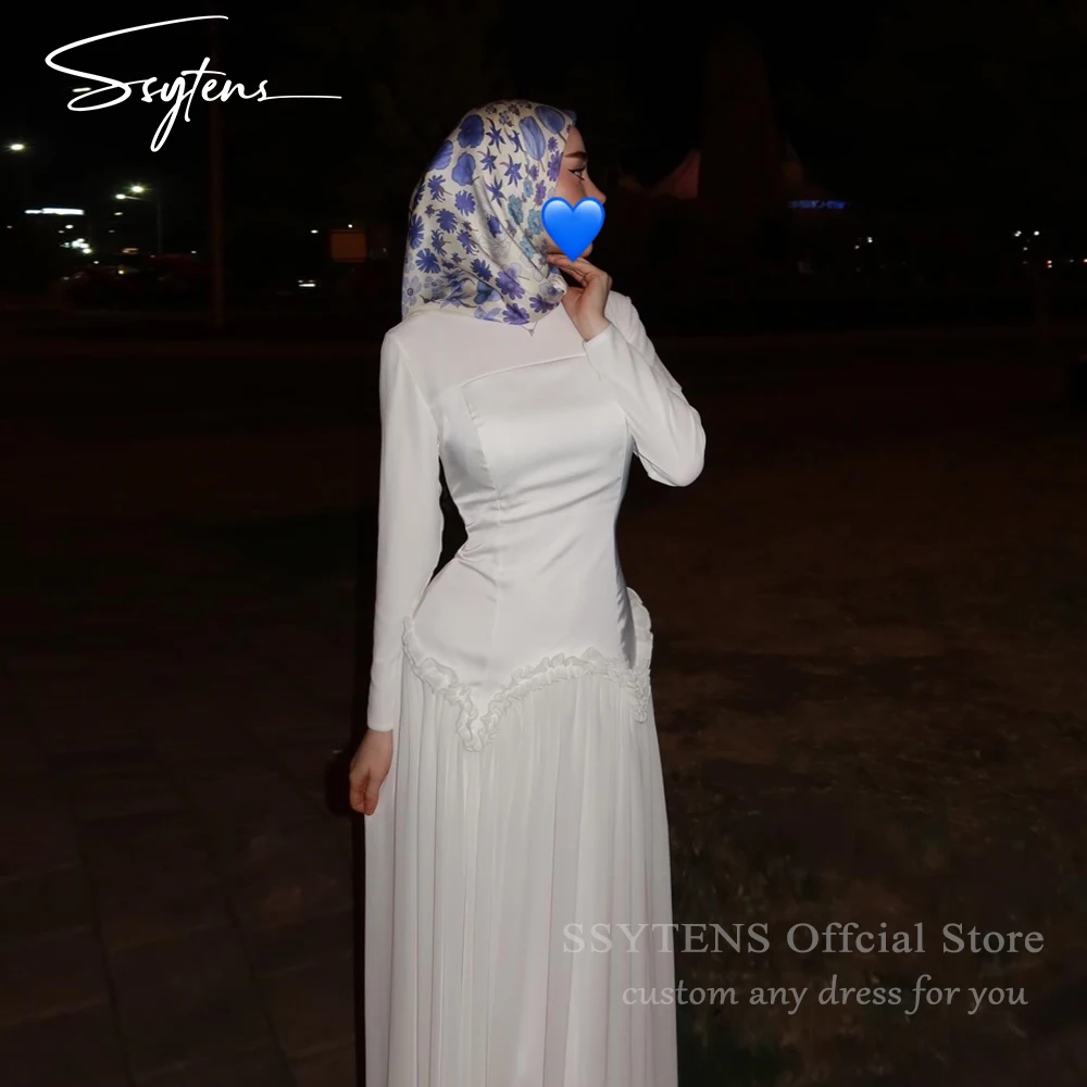

SSYTENS Elegant Muslim Wedding Dresses Satin Long Sleeves Evening Gown Floor-Length Modest Bridal Wedding Party Gown Customized