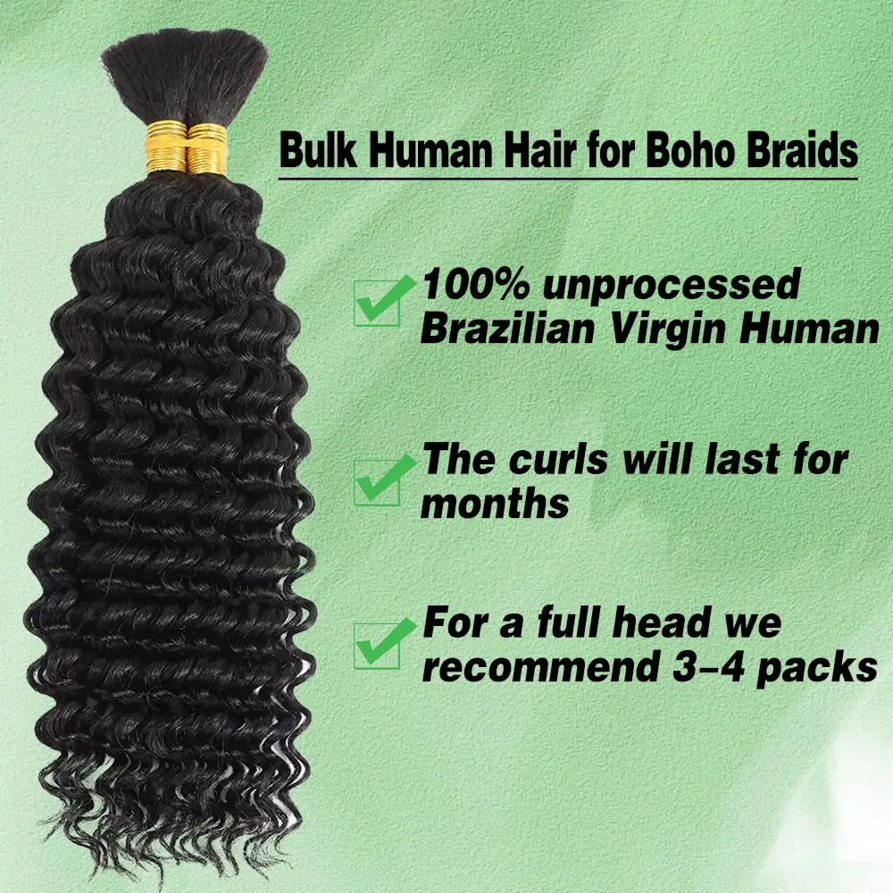 موجة عميقة جديلة وصلة إطالة شعر طبيعي تجديل الإنسان الشعر السائبة وصلات شعر بشري لضفائر بوهو 1/2/3 الضفائر الشعر للنساء