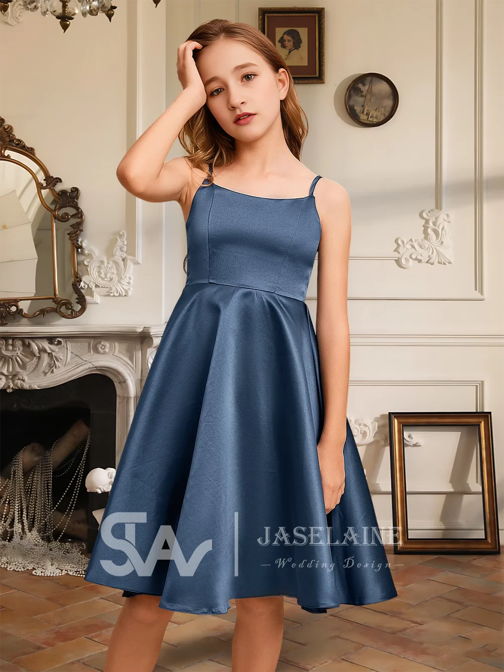 

Элегантное атласное платье трапециевидной формы длиной до колена для подружек невесты на тонких бретельках, платье с цветочным узором для девочек, вечерние, свадебные, официальные