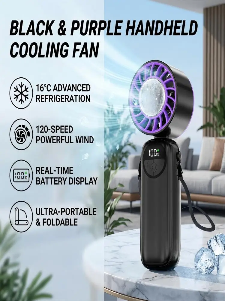 Tragbarer Mini-Handventilator mit 120 Geschwindigkeitsstufen, faltbarer, eiskühlender, am Hals tragbarer Ventilator, Hochgeschwindigkeits-USB-Akku-Ventilator mit Display für Reisen, Camping, Outdoor