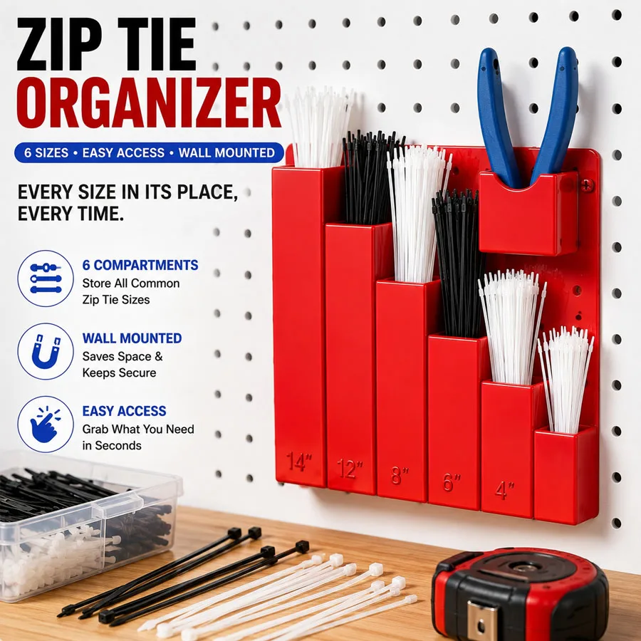 6-Grid Wall Mount Cable Tie Organizer 1Pc, Multipurpose Storage Rack for Garage Shed Workshop Tool Cart Shelf