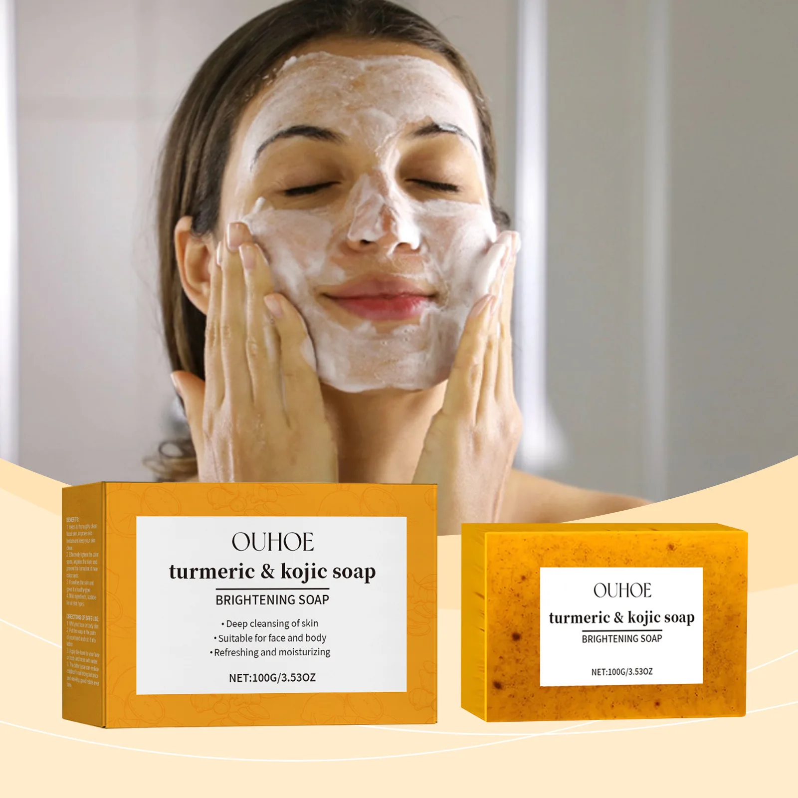 Ouhoe 100g Kojic Acid Turmeric Skin Brightening Soap Face Reduce Dark Spot Anti Acne Deep Cleansing Moisturizer Exfoliating Soap