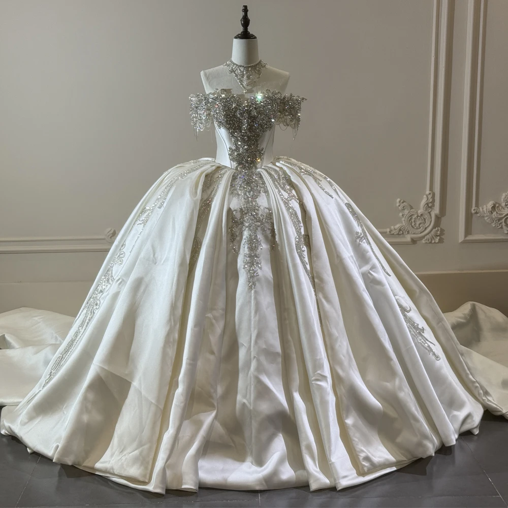 Luxury Bridal Dresses For Weddings Crystal Rhinestone Beading Lace Off The Shoulder Ball Gown Satin Hochzeitskleid Damen