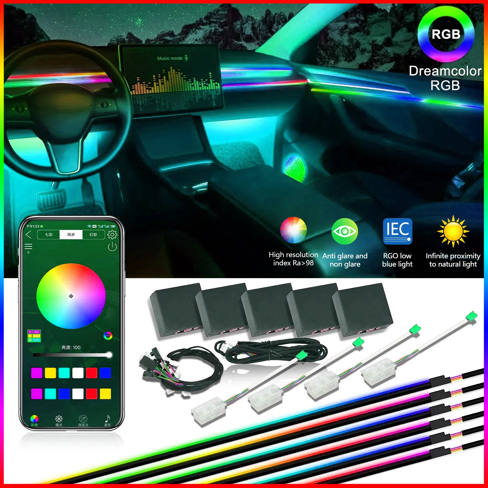 

22 In 1 Neon Lighting Ambient Light Acrylic Strip light Car Led Light Interior Atmosphere Lights Decoration Lamp APP Comtrol