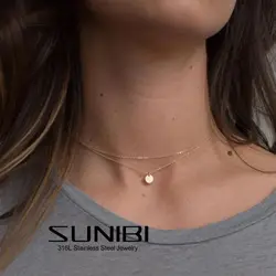 SUNIBI Double Layer Stainless Steel Necklaces for Women Gold Color Disc Pendant Clavicle Charm Necklace Jewelry Gift Accessory