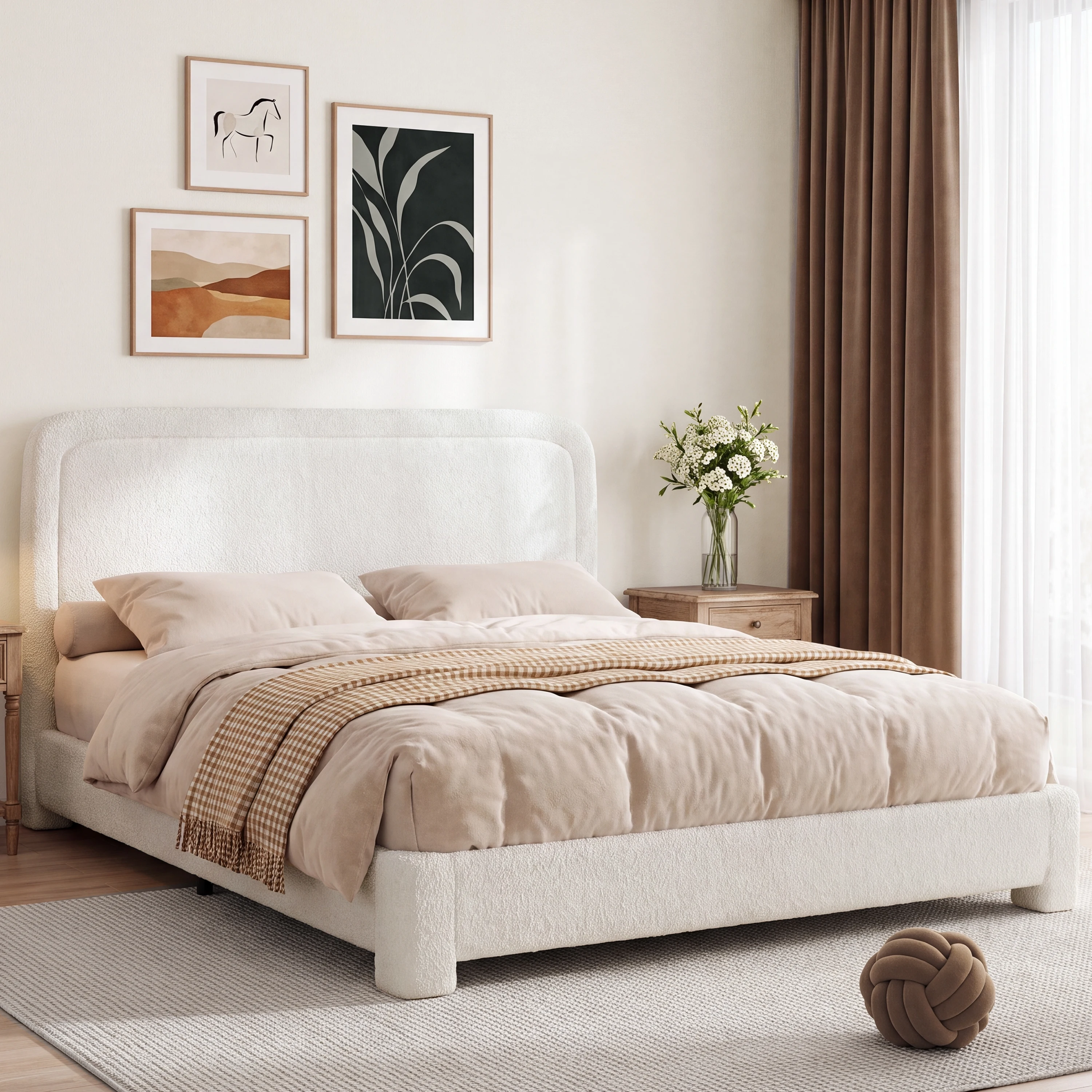 Teddy Fabric Upholstered Bed Frame with Adjustable Headboard, Curved Anti-Collision Platform Bed with Wood Slat Support, Noise-Free Bed Base for Bedroom image 3