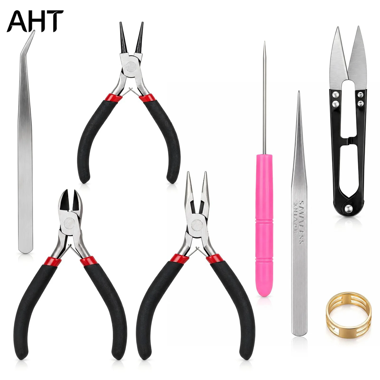 

AHT 8Pcs Jewelry Making Tools Set with Pliers Tweezers Beading Awl Thread Snips Jump Ring Opener Zipper Case for DIY Necklace Re