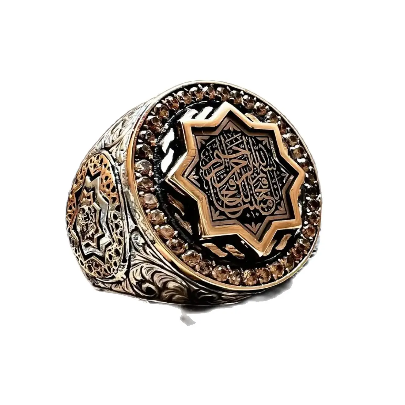 

Delicate Hand-Seeded Silver Ring featuring Striking String Stones & Surah Al-Fath's First Verse Inscribed, Gift For Muslim