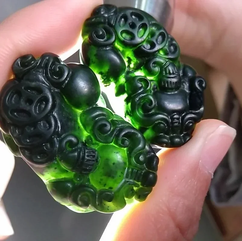 Para czarnego zielonego jadeitu rzeźbione pieniądze Pixiu wisiorek naturalny chiński smoczy naszyjnik urok biżuteria moda Amulet na szczęście prezenty — zdjęcie 2