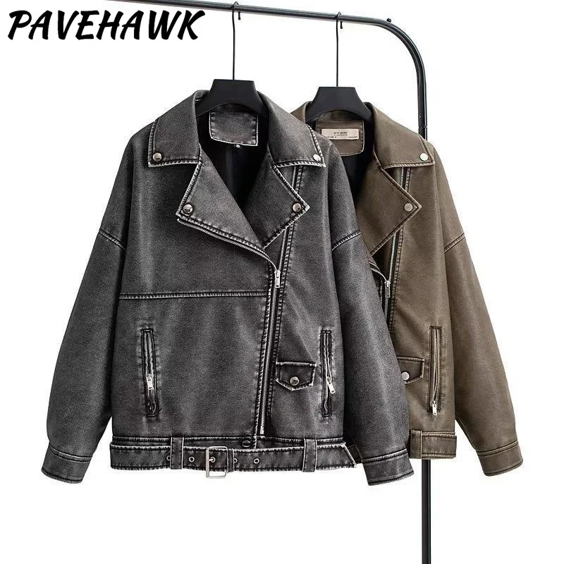 Women Vintage Pu Leather Jackets Lapel Zipper Loose Streetwear Motorcycle Coats Autumn Winter Thick Warm Casual Punk Outwear